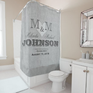 Grey Linen and Heart Monogram Wedding Shower Curtain