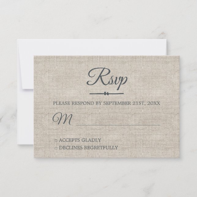 Grey Linen Chic Script Wedding RSVP Card (Front)