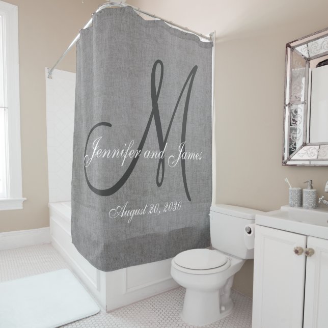 Grey Linen Look Monogram Names Wedding Shower Curtain (In Situ)
