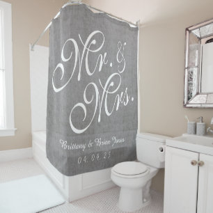 Grey Linen Look Mr. and Mrs. Names Date Wedding Shower Curtain