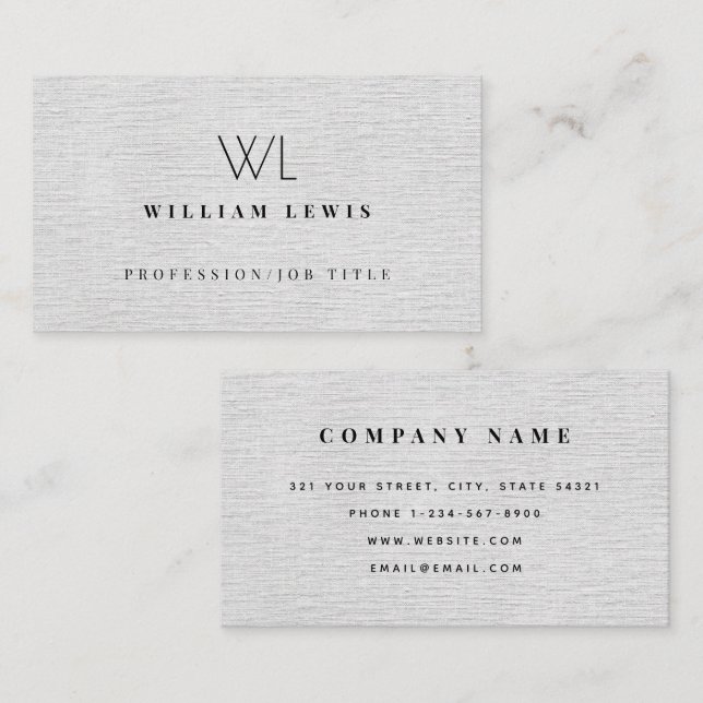 Grey Linen Monogram Modern Minimalist Business Card (Front/Back)