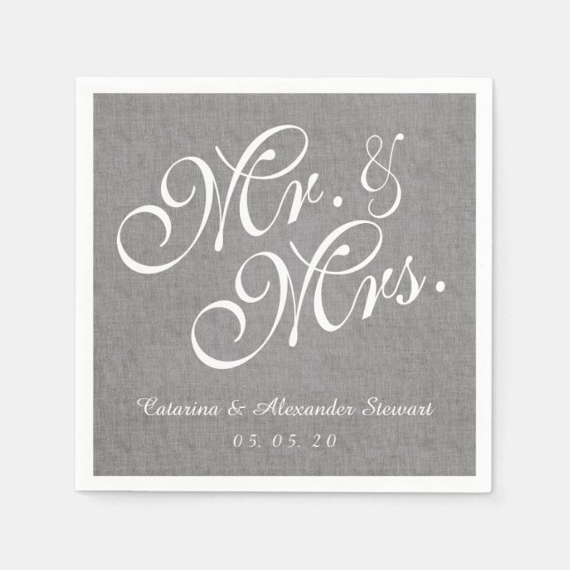 Grey Linen Mr. and Mrs. Wedding Paper Napkins (Front)