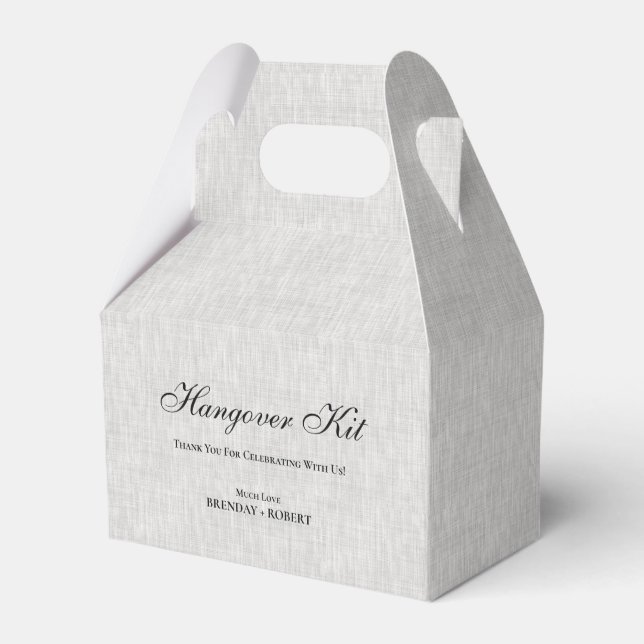 Grey linen Simple Script Hangover Recovery Kit Favour Box (Back Side)