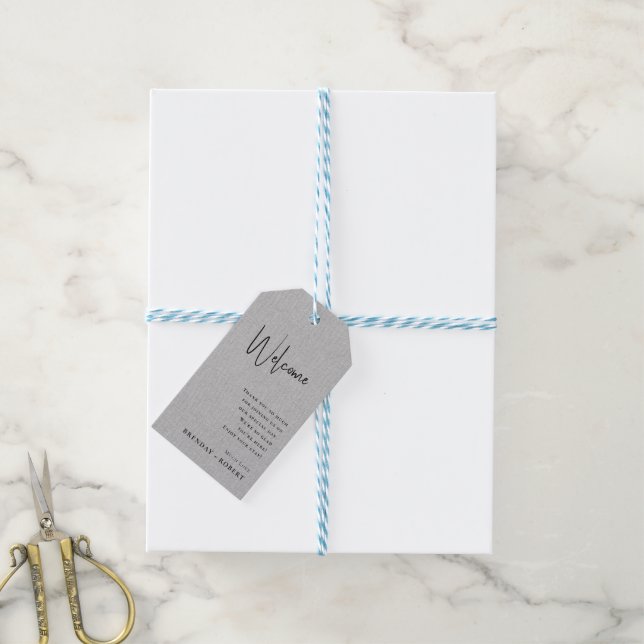 Grey linen Simple Script Welcome Wedding Gift Tag (With Twine)