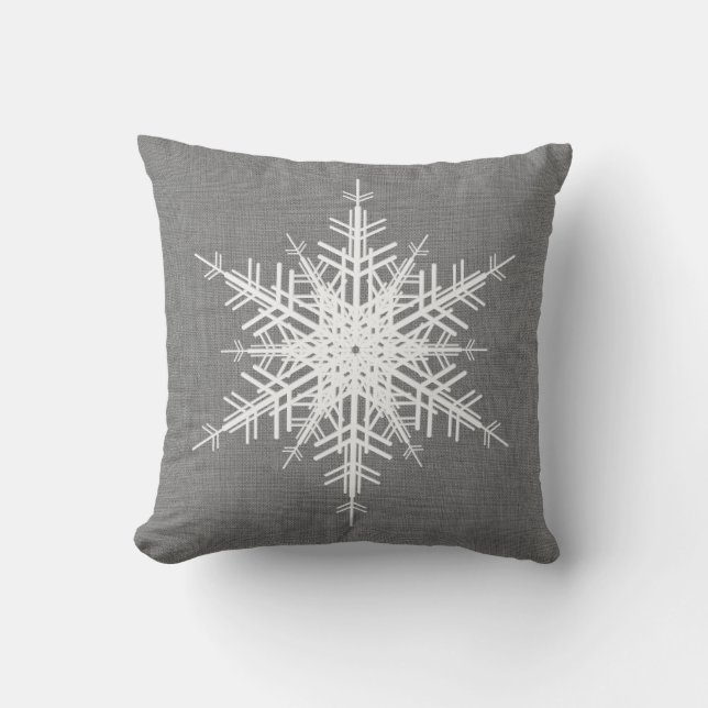 Grey Linen Snowflake Holiday Cushion (Front)