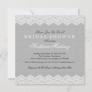 Grey Linen Texture & White Vintage Lace Invitation