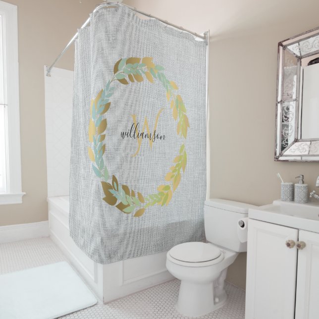Grey Linen With Gold Wreath Farmhouse Monogrammed Shower Curtain (In Situ)