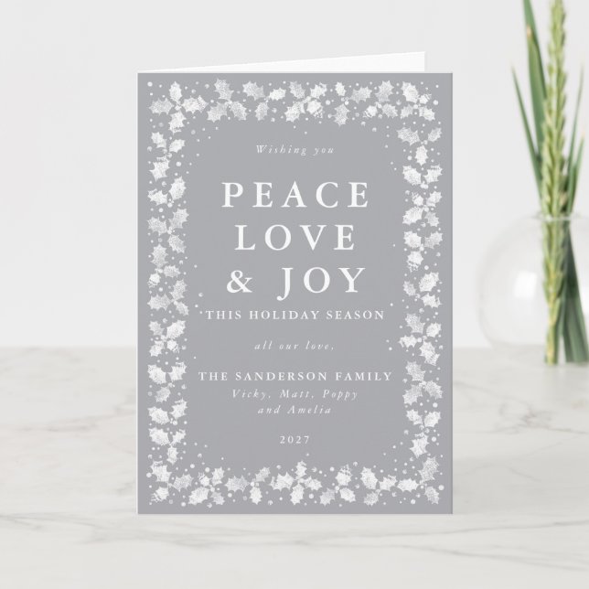 Grey Lino Print Holly Border Peace Love & Joy Holiday Card (Front)