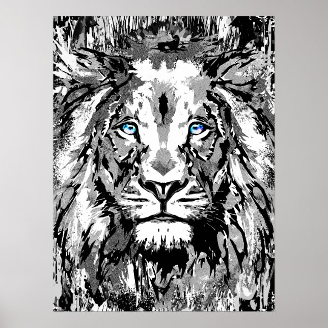 Grey Lion Portrait Drawing - Lion Poster Print (Front)