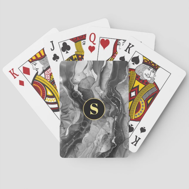 Grey Liquid Ink, Yellow Monogram Playing Cards (Back)