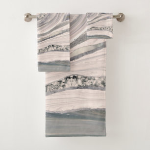 Grey liquid marble and crystal - pearl and silver bath towel set