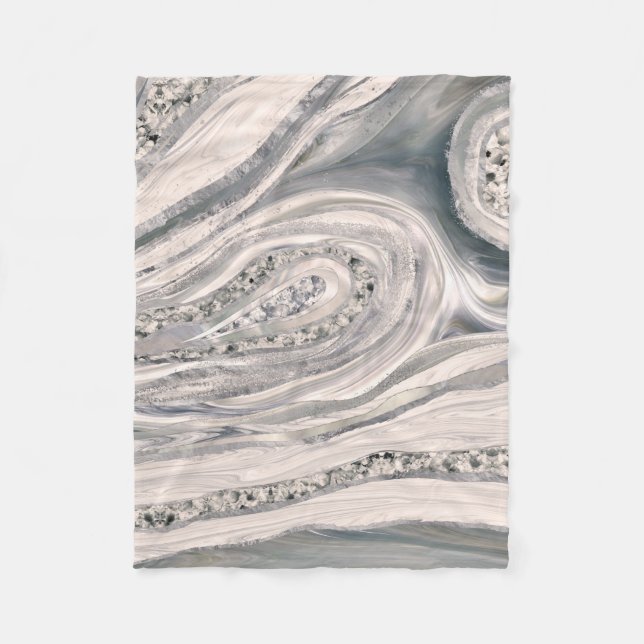 Grey liquid marble and crystal - pearl and silver fleece blanket (Front)