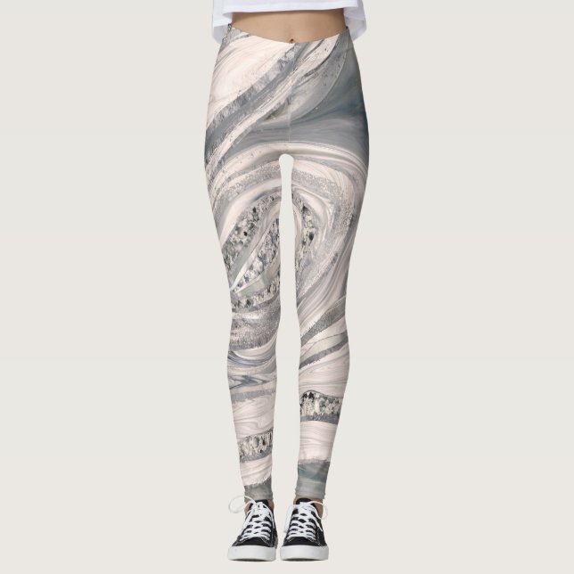 Grey liquid marble and crystal - pearl and silver leggings (Front)