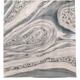 Grey liquid marble and crystal - pearl and silver shower curtain