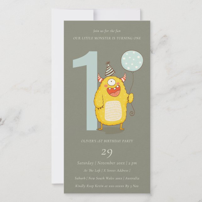 Grey Little Yellow Monster Any Age Birthday Invite (Front)