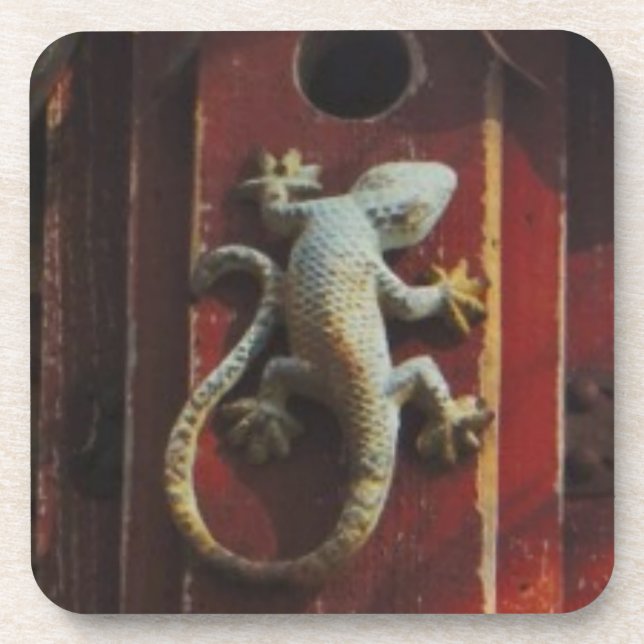 grey lizard on worn wood coaster (Front)