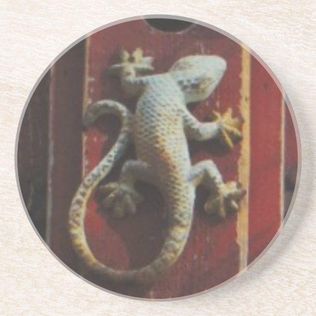 grey lizard on worn wood coaster (Front)
