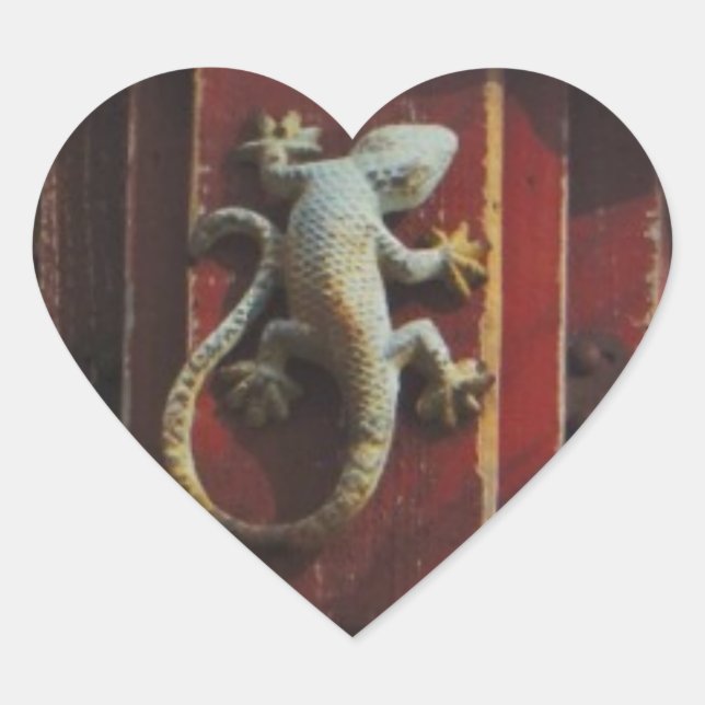 grey lizard on worn wood heart sticker (Front)