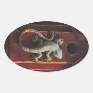 grey lizard on worn wood oval sticker