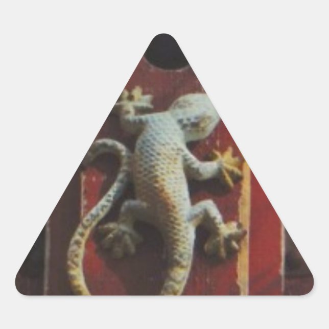grey lizard on worn wood triangle sticker (Front)