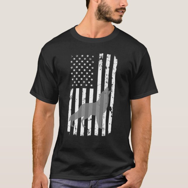 Grey Lone Wolf Distressed American Flag T-Shirt (Front)