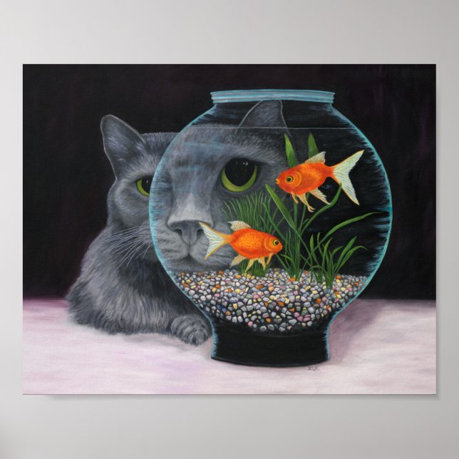 Grey Long Haired Cat and Fishbowl Poster (Front)