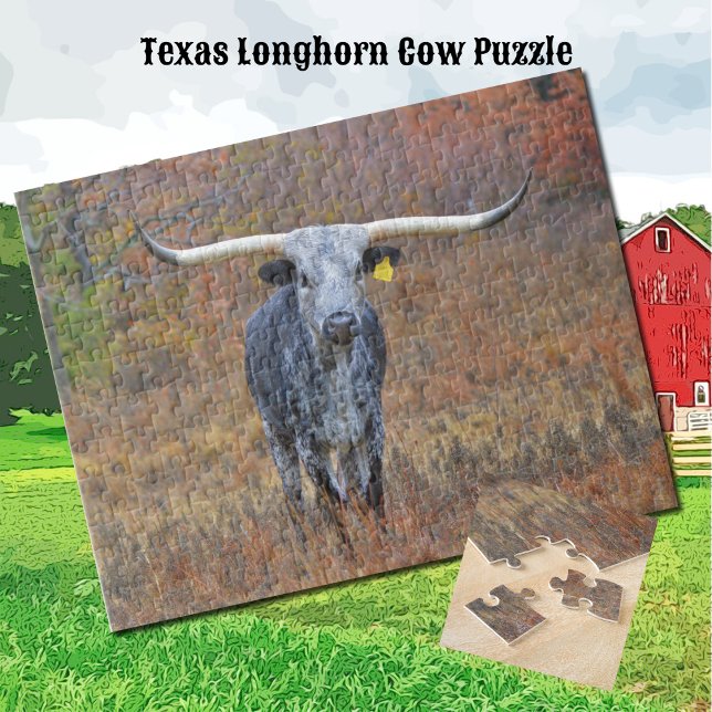 Grey Longhorn Spotted Cow Puzzle (Pretty Gray Texas Longhorn Cow Puzzle)