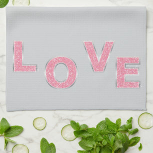 Grey Love Pink Silver Glitter Tea Towel