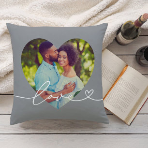 Grey Love Script Heart Photo Couple Cushion