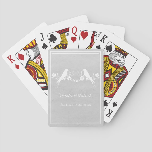 Grey Lovebird Floral Wedding Playing Cards (Back)