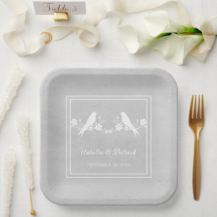 Grey Lovebirds Floral Wedding Paper Plates
