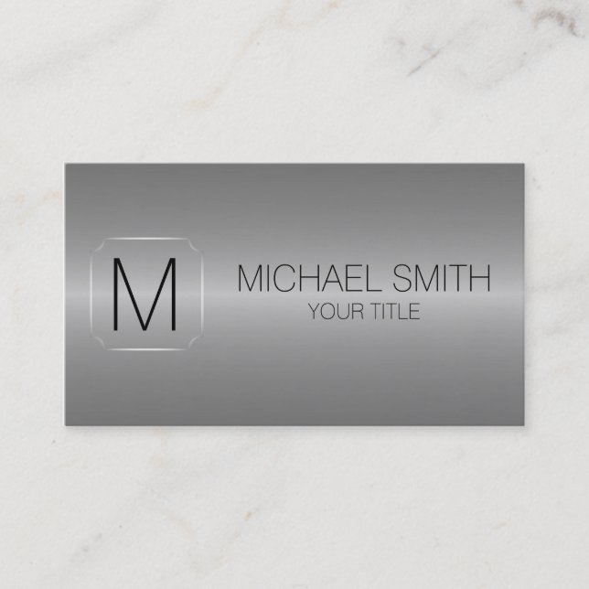 Grey Luxury Stainless Steel Metal Monogram Business Card (Front)