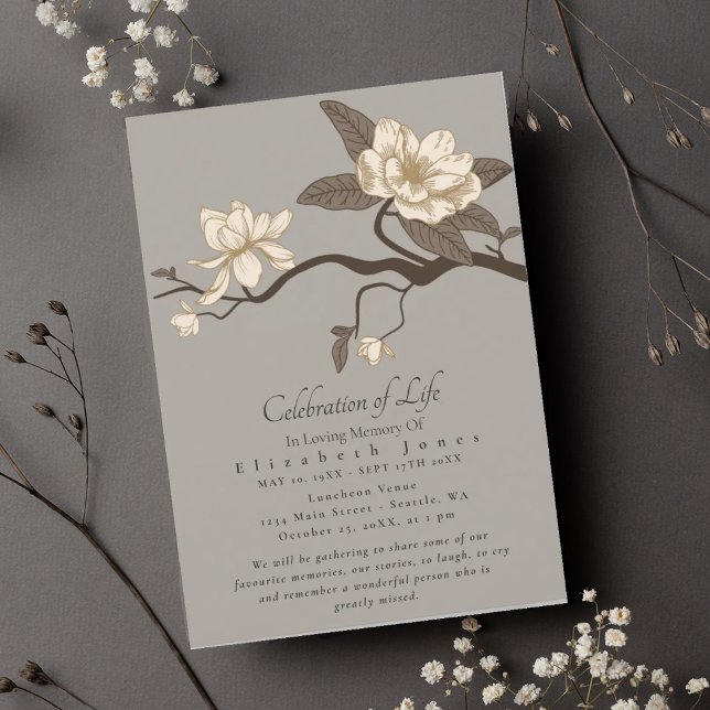 Grey Magnolia Celebration of Life Invitation (Creator Uploaded)
