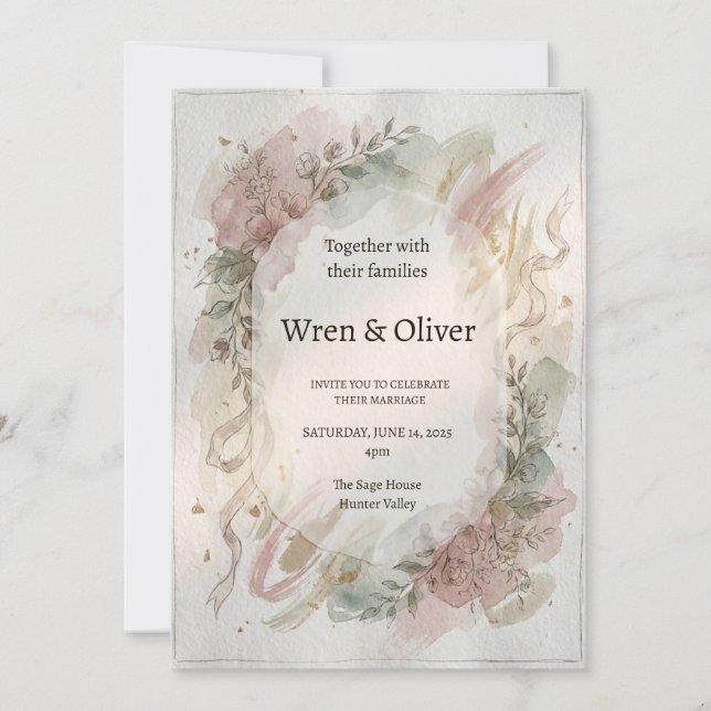 Grey Magnolia Wreath Wedding Invitation (Front)