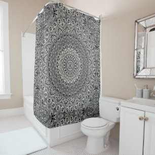 Grey Mandala Kaleidoscope Medallion Flower Shower Curtain