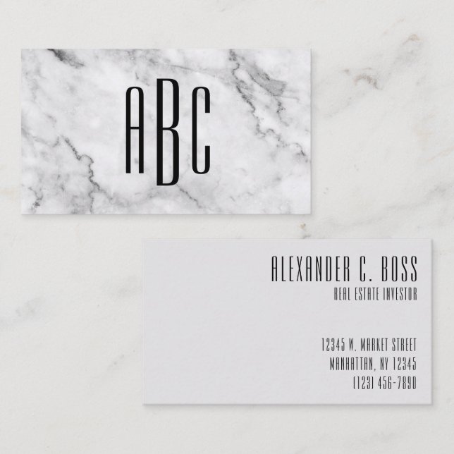 Grey Marble and Black Three Letter Monogram Business Card (Front/Back)