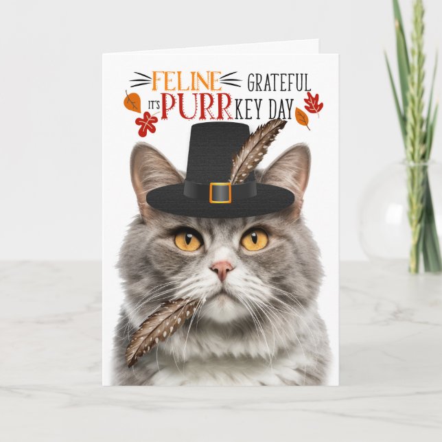 Grey Marble Cat Feline Grateful for PURRkey Day Holiday Card (Front)