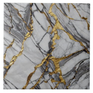 Grey Marble Effect with Bold Gold Fissures Tile
