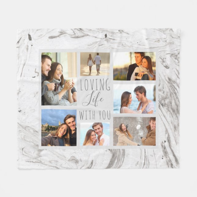 Grey Marble Loving Life with You - 7 Photo Collage Fleece Blanket (Front (Horizontal))