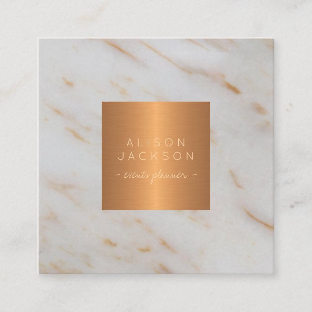 Grey marble metallic copper gold monogrammed square business card (Front)