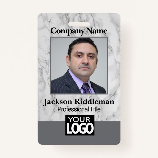 Grey Marble Photo and Logo Badge ID Badge (Front)