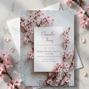 Grey Marble Pink Sakura Botanical Frame Wedding Invitation