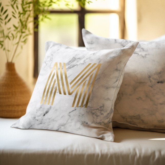 Grey Marble Retro Geometric Gold Foil Monogram M Cushion (Grey Marble Retro Geometric Gold Foil Monogram M Throw Pillow)