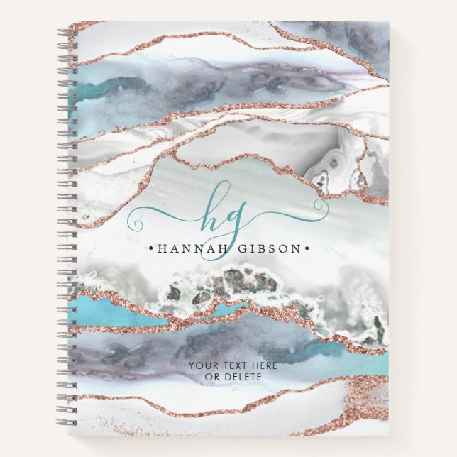 Grey Marble Rose Gold Glitter Teal Script Monogram Notebook (Front)