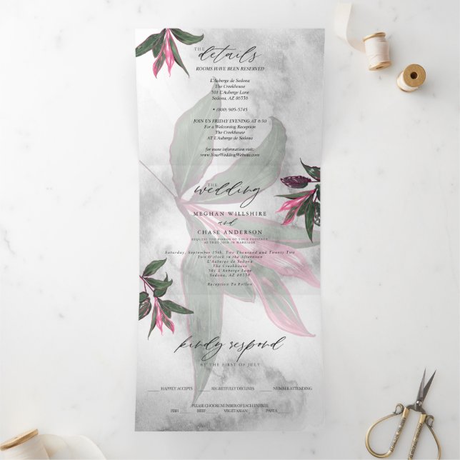 Grey Marble Tropical Pink Princess Philodendron Tri-Fold Invitation (Inside)