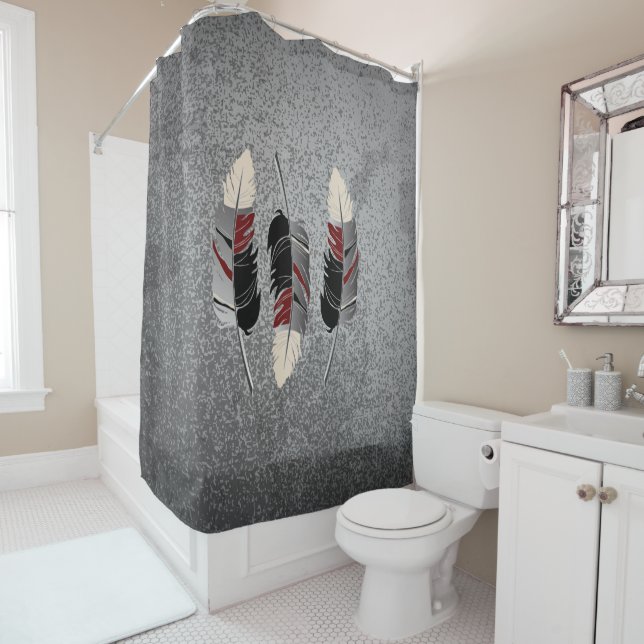 Grey, Maroon & Cream Feather Design on Grunge Grey Shower Curtain (In Situ)