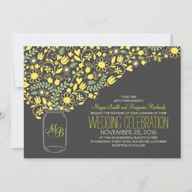 grey mason jar yellow flowers wedding invitation (Front)