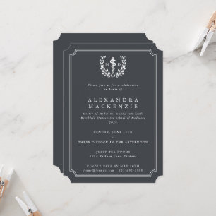 Grey MD Asclepius + Laurel Wreath Graduation Invitation