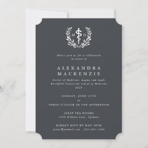Grey MD Asclepius + Laurel Wreath Graduation Invitation