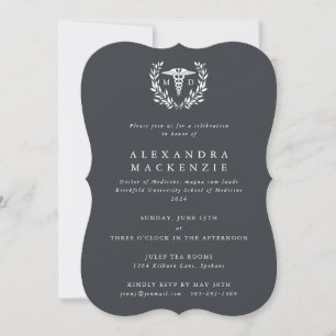 Grey MD Caduceus+Laurel Wreath Graduation Invitation